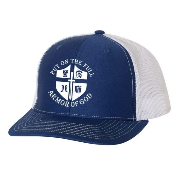 Christian Put On The Full Armor of God Knight Shield Mens Embroidered Mesh Back Trucker Hat, Royal/White