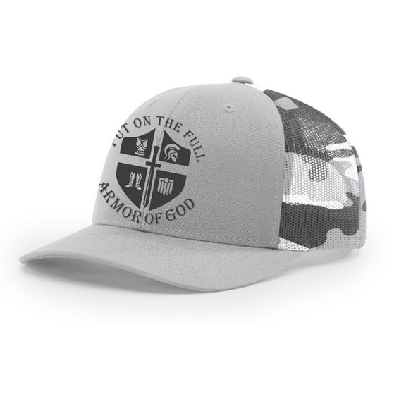 Christian Put On The Full Armor of God Knight Shield Mens Embroidered Mesh Back Trucker Hat, Silver/Grey Camo