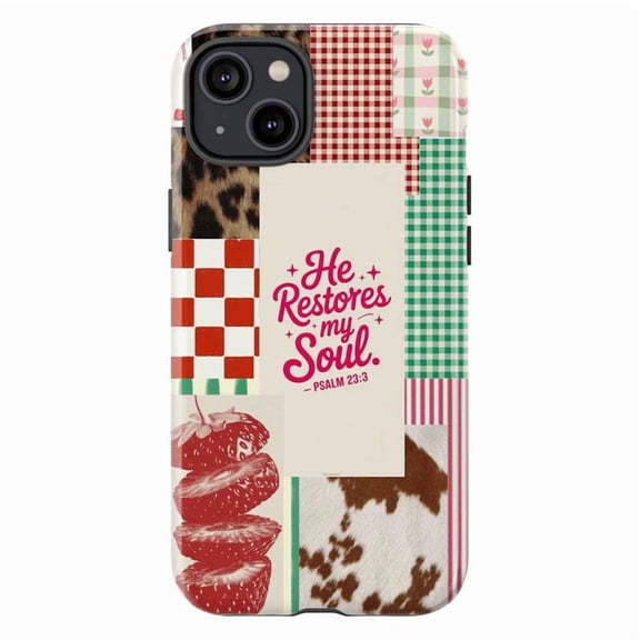 Christian Quote Phone Case, Gingham Cow Print Collage Scripture Cover for iPhone 17 16 15 14 13 12 11 Pro Plus Mini