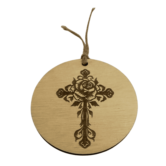 Christian Rearview Mirror Ornament 4x4 Engraved Wood Car Hanging Floral Cross Design Jute Twine QR Code Weekly Affirmation