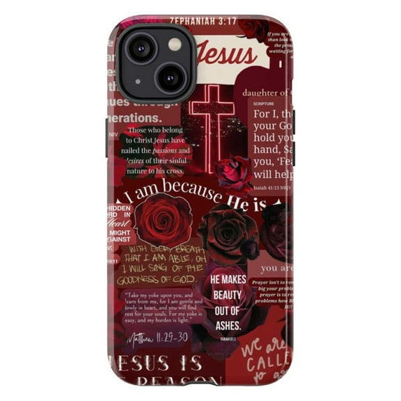 Christian Red Jesus Phone Case with Bible Verses and Roses, Inspirational Faith Design for iPhone 16 15 14 13 12 11 Pro Max Mini