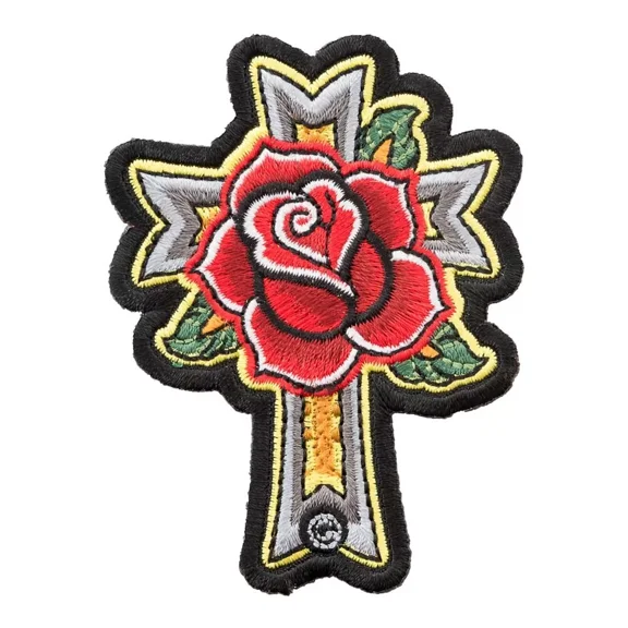 Christian Red Rose Cross Patch, Religious Cross Patches