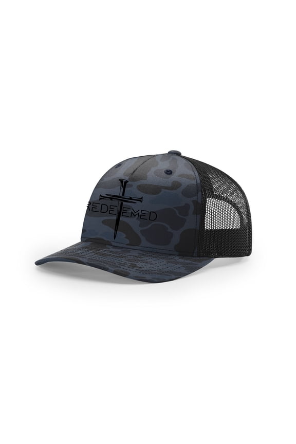 Christian Redeemed Cross Nails Mens Embroidered Mesh Back Trucker Hat, Admiral Duck Camo