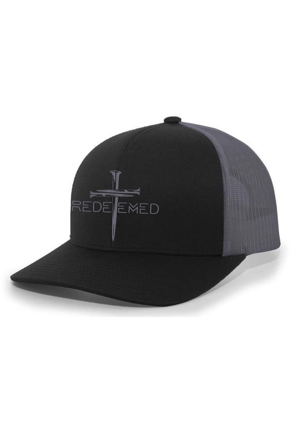 Christian Redeemed Cross Nails Mens Embroidered Mesh Back Trucker Hat, Black/Charcoal