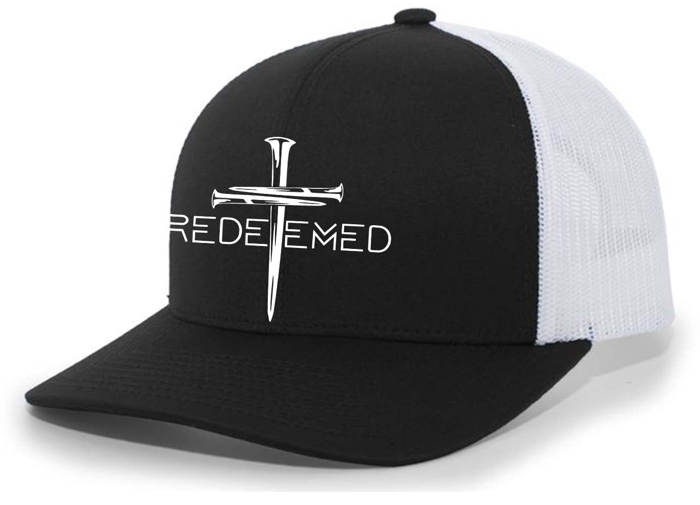 Christian Redeemed Cross Nails Mens Embroidered Mesh Back Trucker Hat, Black/White