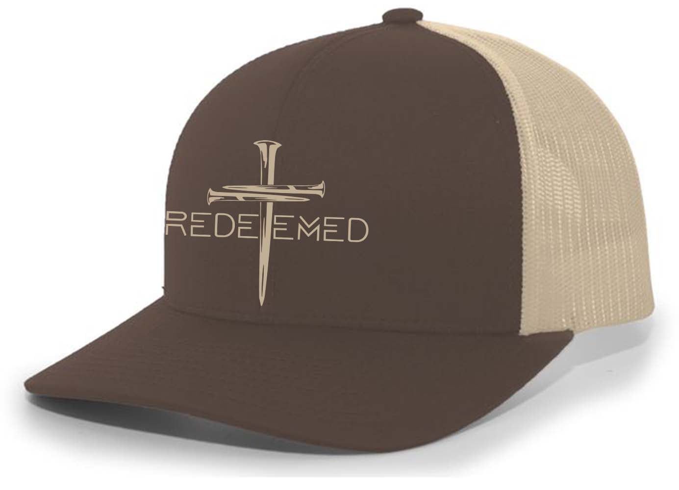 Christian Redeemed Cross Nails Mens Embroidered Mesh Back Trucker Hat, Brown/Khaki