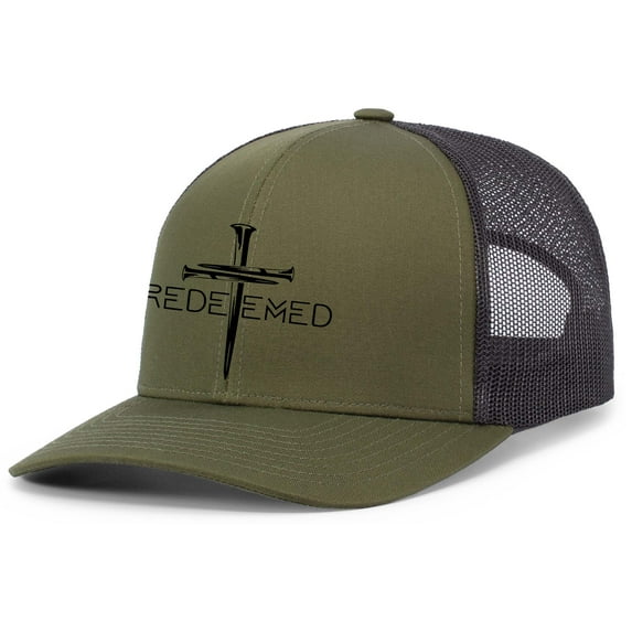 Christian Redeemed Cross Nails Mens Embroidered Mesh Back Trucker Hat, Loden/Black