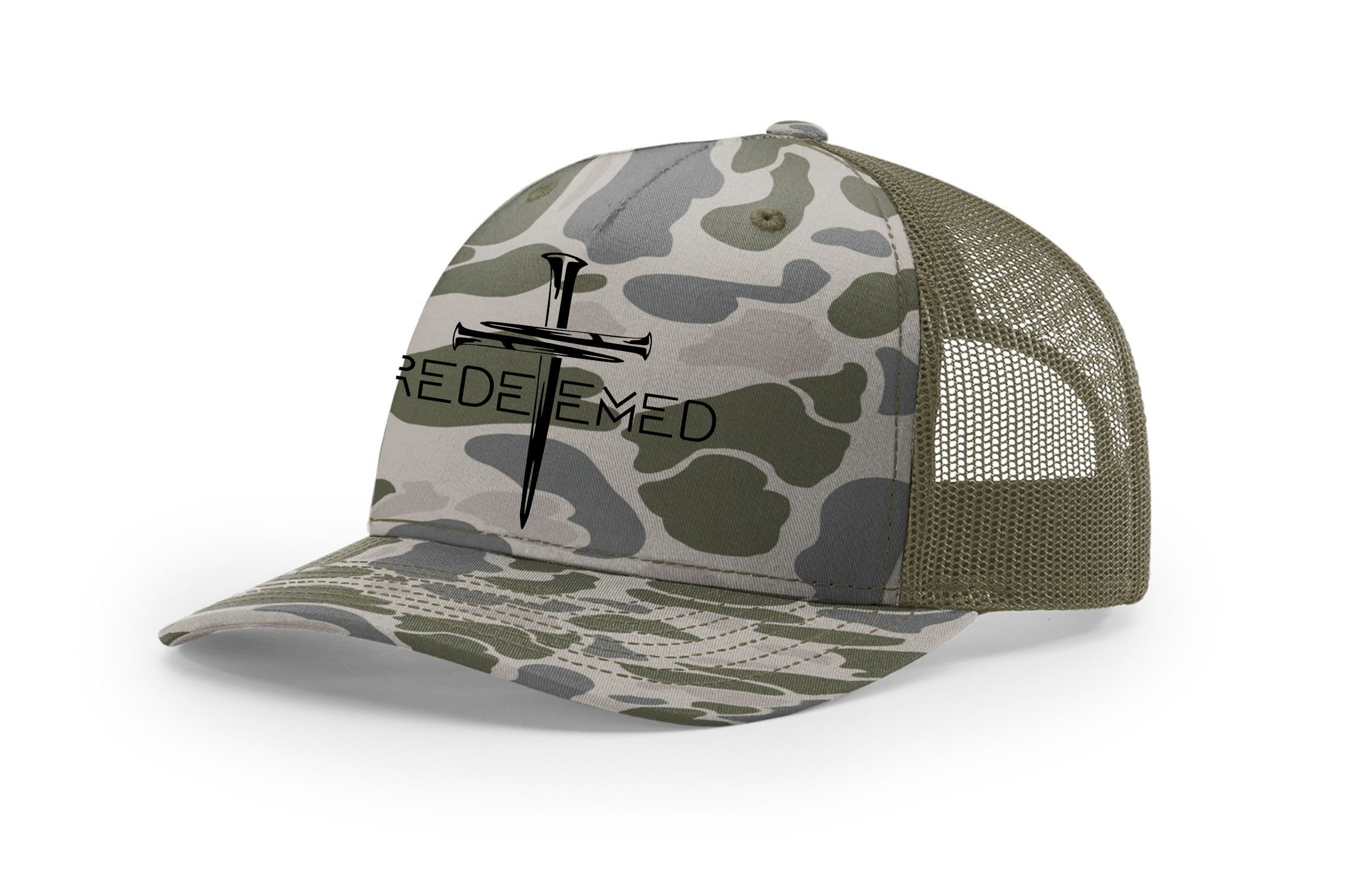 Christian Redeemed Cross Nails Mens Embroidered Mesh Back Trucker Hat, Marsh Duck Camo