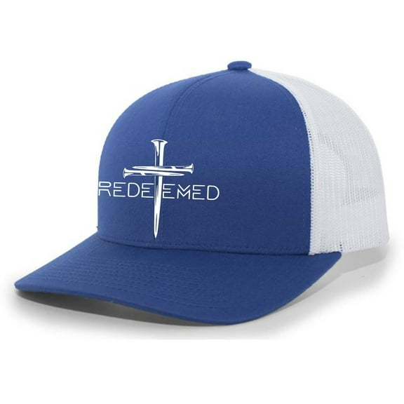 Christian Redeemed Cross Nails Mens Embroidered Mesh Back Trucker Hat, Royal/White