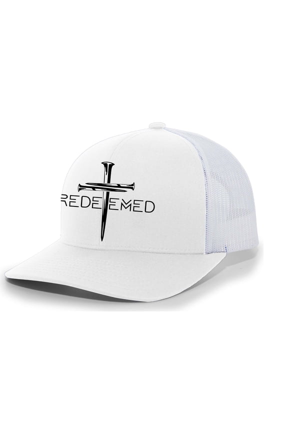 Christian Redeemed Cross Nails Mens Embroidered Mesh Back Trucker Hat, White/White