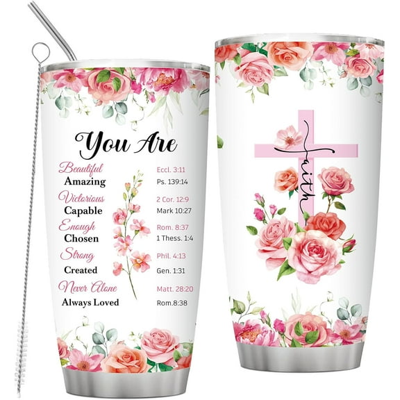 Christian Religious Birthday Gifts for Women Bible Verse Inspirational 20oz Stainless Steel Tumbler Cup with Lid Brush Straw Spiritual Catholic Gift for Mothers Day Teacher Coworker Faith