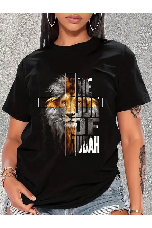 Christian Religious Jesus The Lion Of Judah Easter Yeshua T-Shirt Print Crew Neck T-Shirt, Women Graphic T Shirts, Casual Short Sleeve T-Shirt For Spring & Summer, Women's Clothing