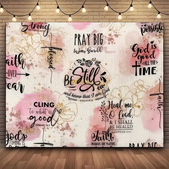 Christian Religious Tapestry - Elegant Pink Gold Scripture Wall Decoration With Bible Scripture Quotes (Meditation, Prayer, Love) - Soft Pale Color Background - Peach Beige Fabric, Suitable For Livin