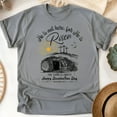 thumbnail image 1 of Christian Resurrection T-Shirt – He Is Risen, Empty Tomb Graphic Tee, Matthew 28:6, Graphite Heather, Size L, 1 of 6