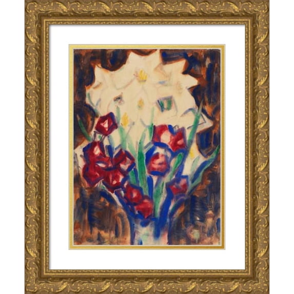 Christian Rohlfs 15x18 Gold Ornate Wood Frame and Double Matted Museum Art Print Titled - Flower Still Life (Around 1916)