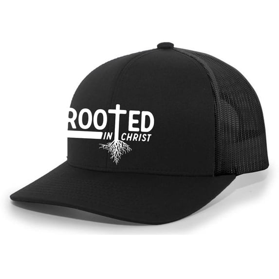 Christian Rooted In Christ Cross Mens Embroidered Mesh Back Trucker Hat, Black/Black