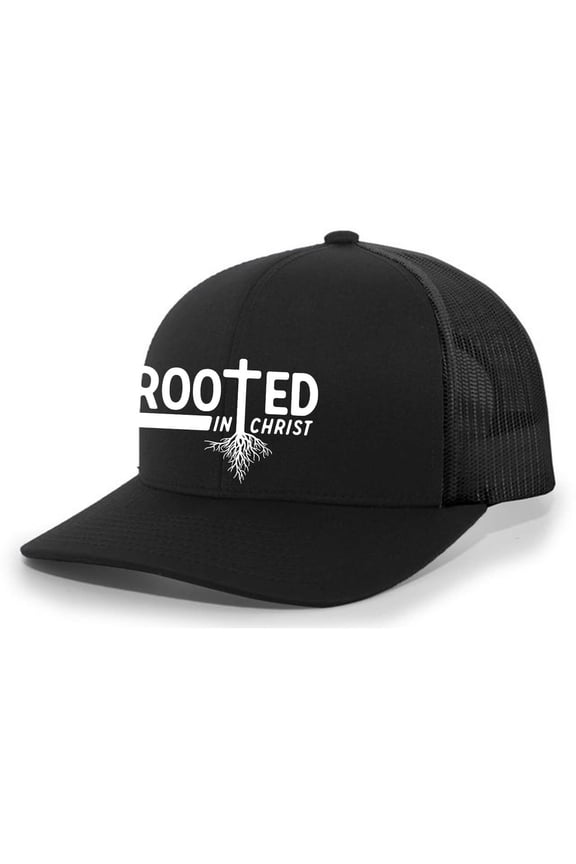 Christian Rooted In Christ Cross Mens Embroidered Mesh Back Trucker Hat, Black/Black