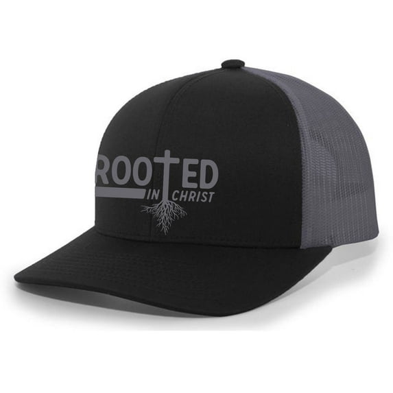 Christian Rooted In Christ Cross Mens Embroidered Mesh Back Trucker Hat, Black/Charcoal