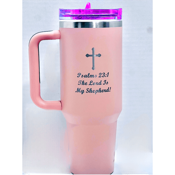Christian Scripture 40oz Double Insulated Tumbler with Cross Design, Handle, 2 Lids, & 2 Straws included. Available in Blue, Red, Black, Peach, Lavender, and White