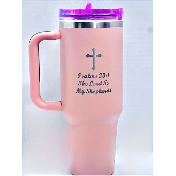 Christian Scripture 40oz Double Insulated Tumbler with Cross Design, Handle, 2 Lids, & 2 Straws included. Available in Blue, Red, Black, Peach, Lavender, and White