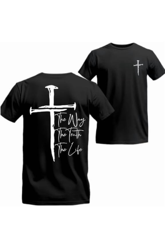 Christian Scripture Graphic T-Shirt - The Way Truth Life Print Short Sleeve Tee with Minimalist Cross Design, Inspirational Tops