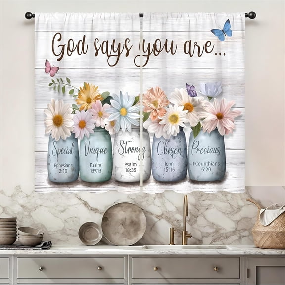 Christian Scripture Kitchen Curtain 27.5W X 39L Inch 2 Panel Rod Pocket Bible Verses God Says You Are Inspirational Religious Quote Flower Small Short Cafe Tier Window Drapes Bathroom Curtain