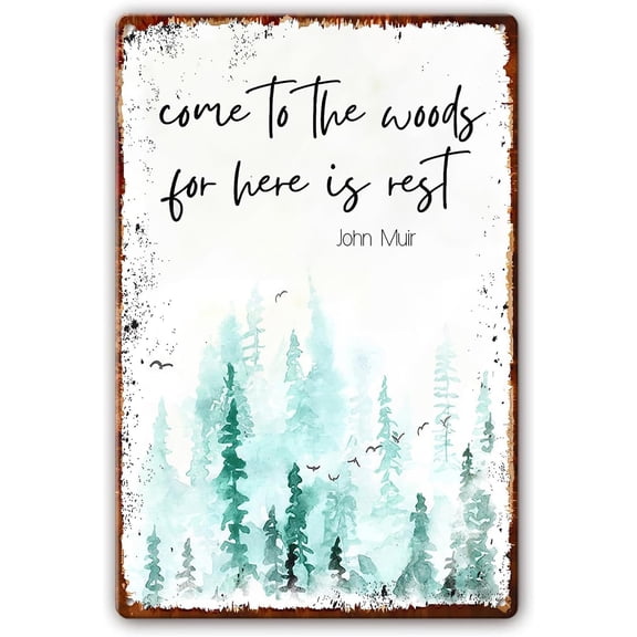 Christian Scripture Metal Tin Sign Wall Decor, Come to the Woods for There Is Rest, Forest Watercolor Art Poster for Home or Office, 8 x 12 Inch
