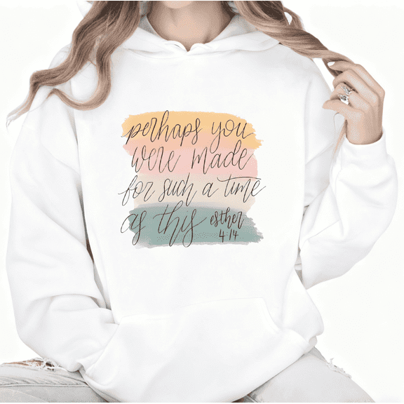 Christian Scripture Print Hoodie Graphic Sweatshirt White S-2XL Esther 4 14 Tops