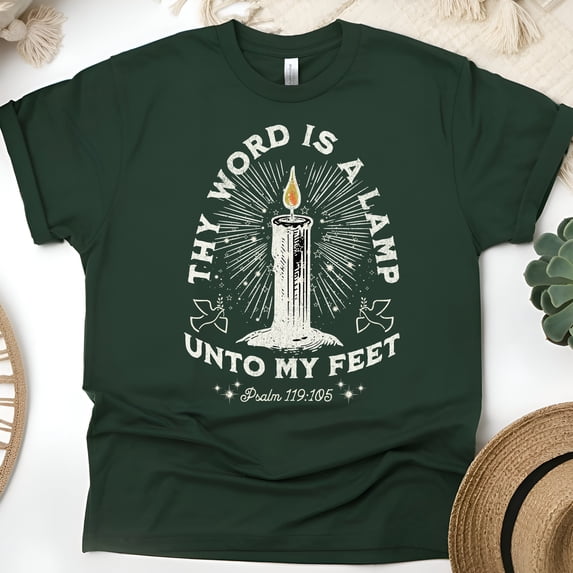 Christian Scripture T-Shirt – Thy Word Is a Lamp Unto My Feet, Psalm 119:105 Graphic Tee, Forest Green, Size 3XL