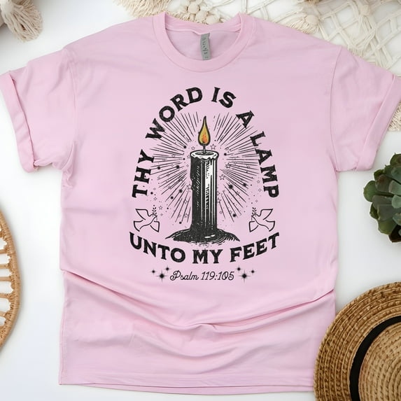 Christian Scripture T-Shirt – Thy Word Is a Lamp Unto My Feet, Psalm 119:105 Graphic Tee, Light Pink, Size 5XL