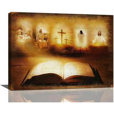 Christian Scriptures Cross Jesus Decor Wall Art Christ Bible Verse Book God Sheep Religious Pictures Wall Decor Canvas Painting Prints Artwork Decor Framed for Church Bathroom Kitchen 16"x12"