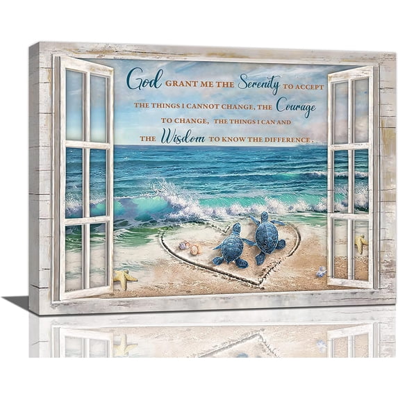 Christian Serenity Prayer Sea Turtle Wall Art Scripture Bible Verse Wall Decor Ocean Beach Nautical Coastal Canvas Prints Painting Framed Modern Artwork for Living Room Bedroom Decoration 16"x12"