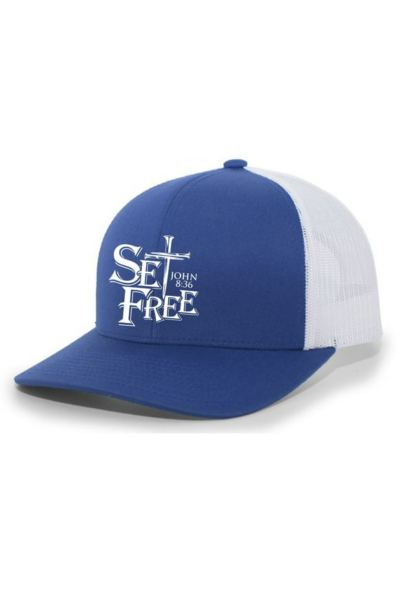 Christian Set Free John 8:36 Nail Cross Jesus Mens Mesh Back Trucker Hat Baseball Cap, Royal/White