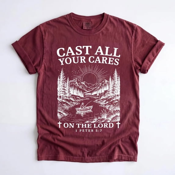 Christian Shirt, Cast All Your Cares Lord 1 Peter 5:7 Nature River Fishing Boat Tee, Faith Bible Verse Religious T-Shirt