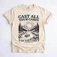 thumbnail image 1 of Christian Shirt, Cast All Your Cares Lord 1 Peter 5:7 Nature River Fishing Boat Tee, Faith Bible Verse Religious T-Shirt, 1 of 4