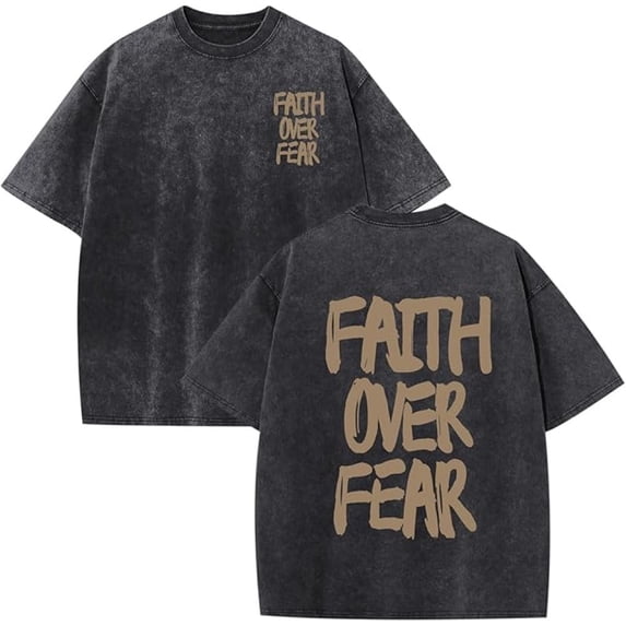Men’s Christian Faith Over Fear Acid Wash T-Shirt, Oversized Jesus God Religious Graphic Tee, Casual Bible Faith Streetwear Short Sleeve Shirt