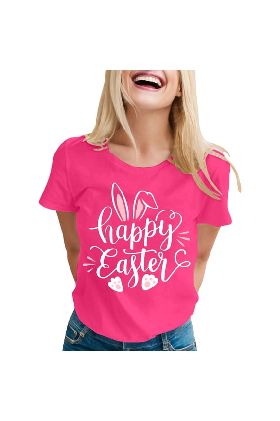 Christian Shirts for Women Letter Print Crew Neck Short Sleeve Multiple Colors Plus Size Womens Clothing,Hot Pink,L