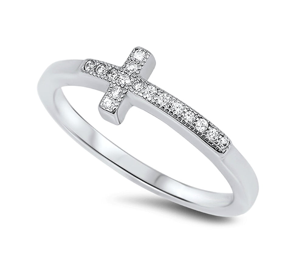 Christian Sideway Cross Cubic Zirconia Ring Sterling Silver 925 ...