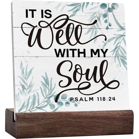Christian Sign, Ceramic Table Sign Desk Decor, Rustic Bible Verse Scripture Plaque, Bedroom Decor Art, Elegant Home Decor Sign, Inspirational Christian Gifts, It is Well with My Soul - Psalm 118:24