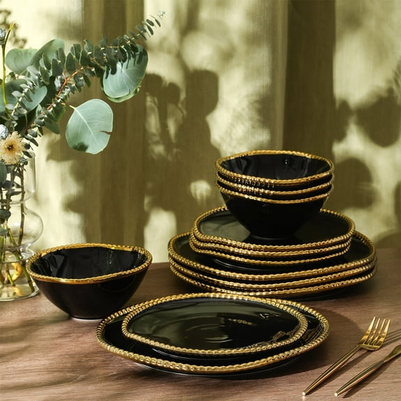 Christian Siriano Akoya 24-Piece Dinnerware Set Porcelain, Black