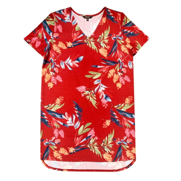 Christian Siriano NY Women's Short Sleeve V-Neck Printed Stretch Tunic Dress (Red Floral, S)