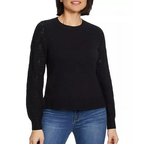 Christian Siriano New York Women's Long Sleeve Crewneck Pointelle Sweater (Black, XXL)