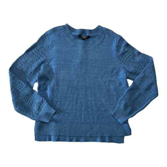 Christian Siriano New York Women's Long Sleeve Crewneck Pointelle Sweater (Blue, L)