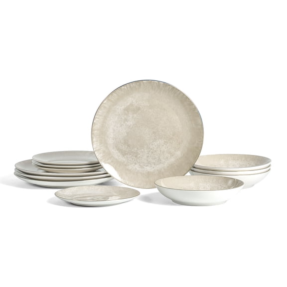 Christian Siriano Onyx 12-Piece Dinnerware Set Porcelain, Service for 4, Beige and Gold