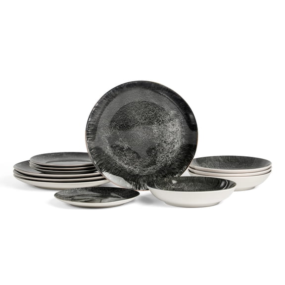 Christian Siriano Onyx 12-Piece Dinnerware Set Porcelain, Service for 4, Black and Gold