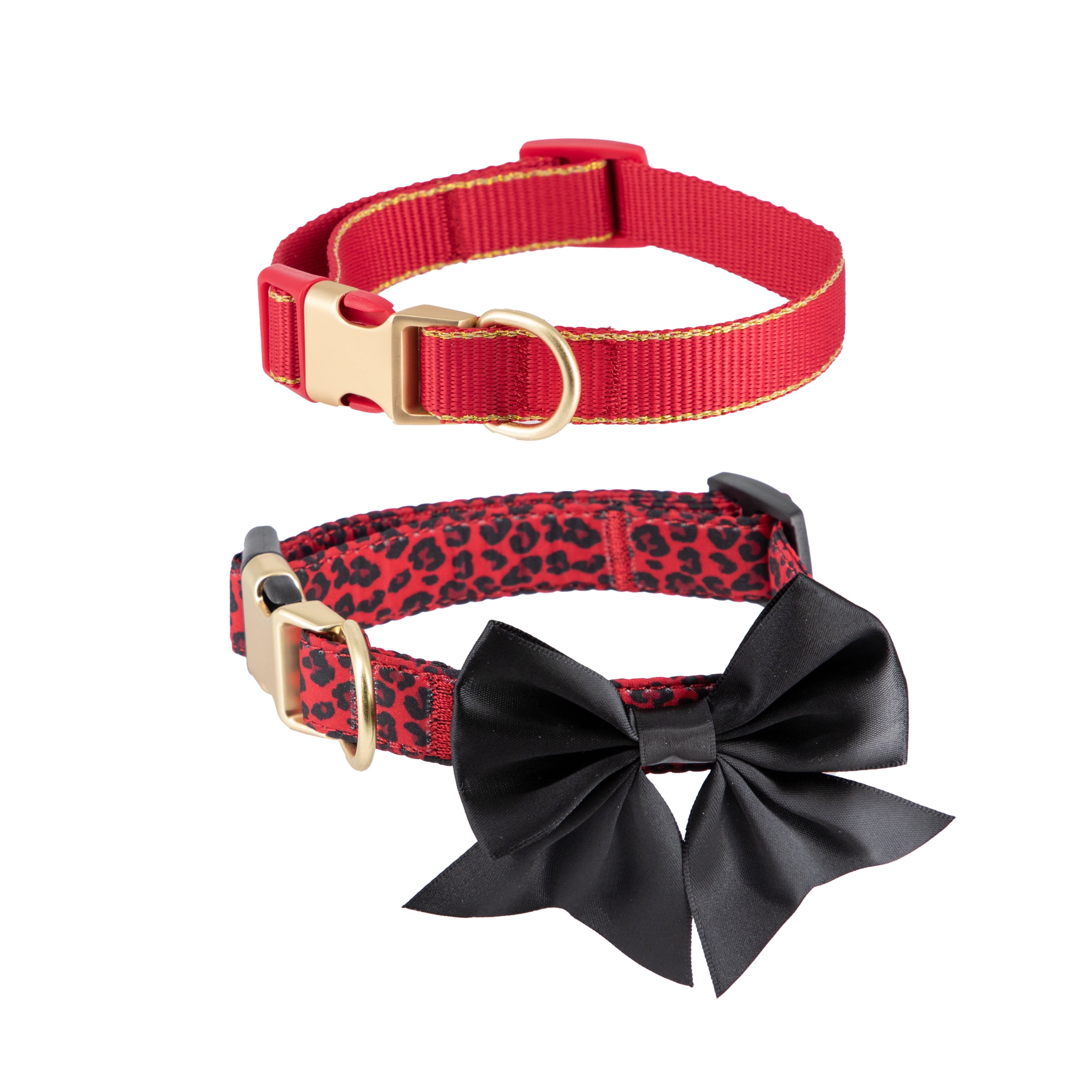 Christian Siriano Pet, Animal Print Bow and Gold Trim, Fashion Dog Collars, Red, XS, 2 Piece Set