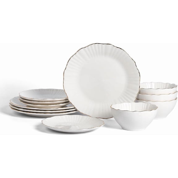 Christian Siriano Zinnia Porcelain Dinnerware Set, 12-Piece Plates and Bowls Set, White and Gold Dish Set for 4, Scalloped Edge, Hand Wash Only