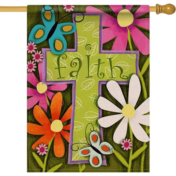 Christian Spring Summer Cross 28 x 40 House Flag Double Sided, Religious Faith Daisy Flower Garden Yard Decorations, Seasonal Floral Butterfly Burlap Outdoor Decor Decorative Large Flag