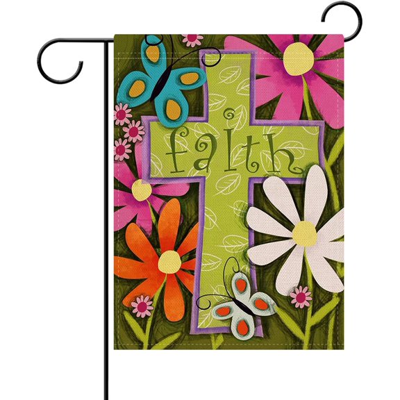 Christian Spring Summer Cross Decorative Garden Flag, Religious Faith Daisy Flower Yard Outside Home Decorations, Seasonal Floral Butterfly Burlap Outdoor Small Decor Double Sided 12 x 18