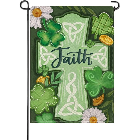 Christian St Patricks Day Cross Small Decorative Garden Flag, Religious Faith Lucky Shamrock Clover Yard Lawn Outside Decor, Spring Irish Burlap Outdoor Home Decoration Double Sided 12 x 18